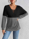 Striped Crisscross V-Neck Long Sleeve T-Shirt Women's T-Shirts - Tophatter Daily Deals