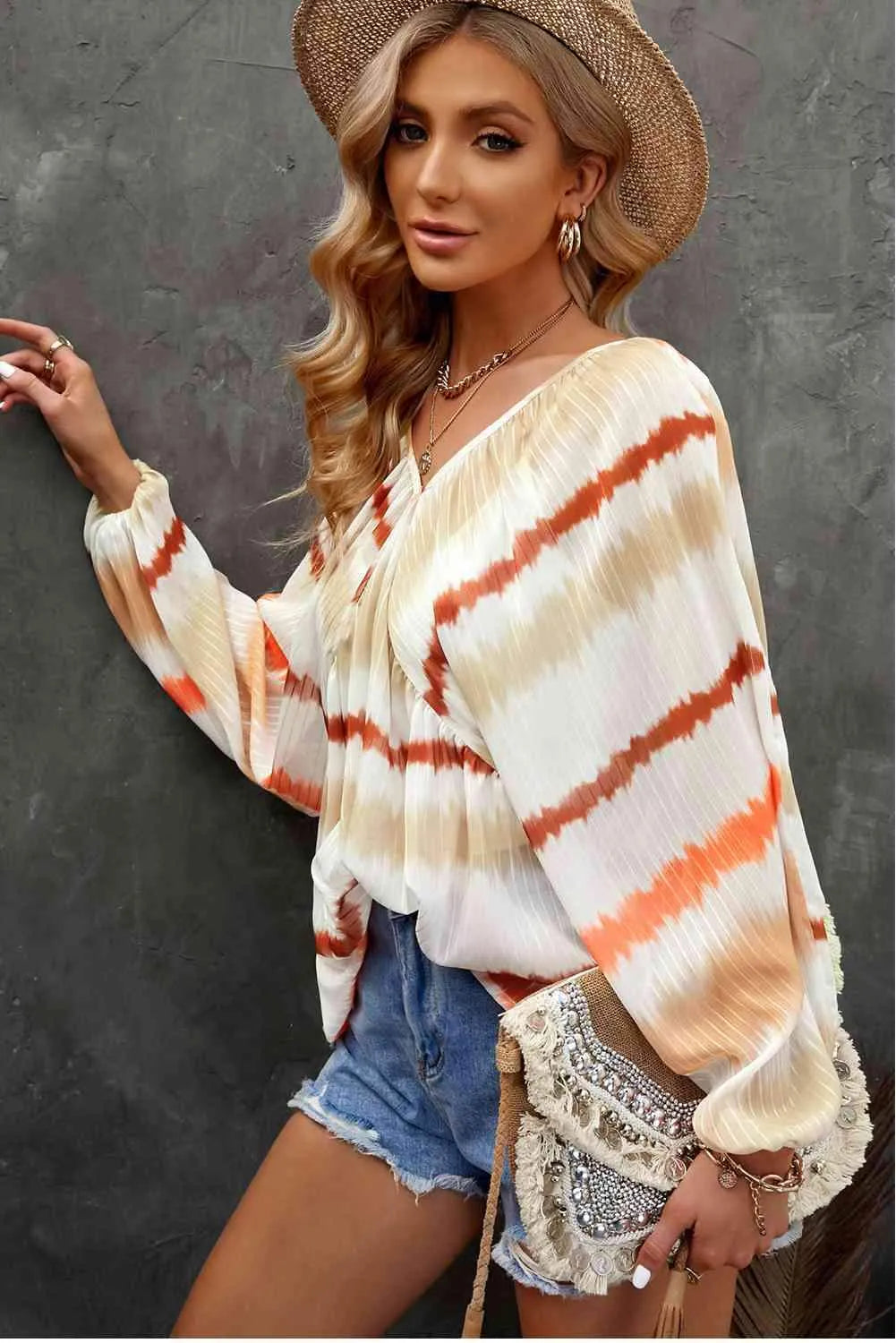 Striped Balloon Sleeve V-Neck Babydoll Blouse Blouses - Tophatter Daily Deals
