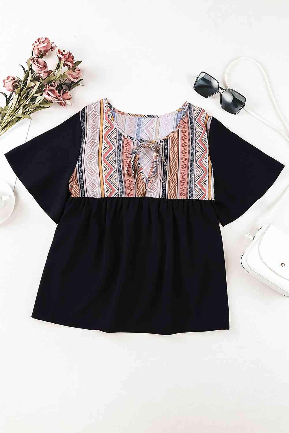 Geometric Print Color Block Tied Babydoll Blouse Blouses - Tophatter Daily Deals