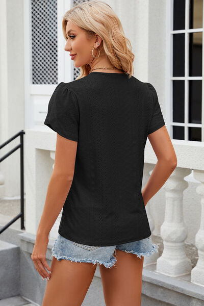 Eyelet V-Neck Petal Sleeve T-Shirt Women's T-Shirts - Tophatter Daily Deals