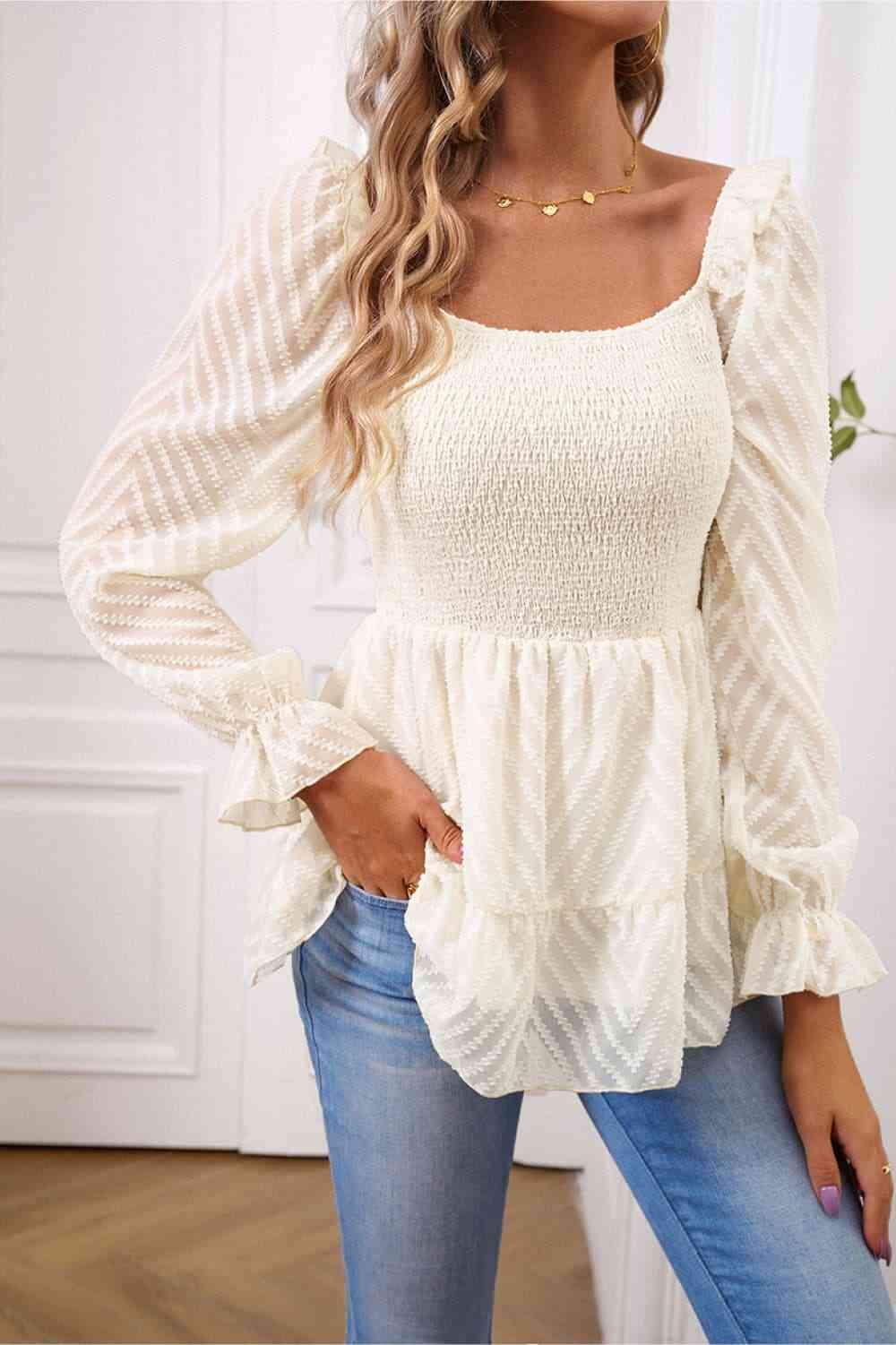 Square Neck Flounce Sleeve Peplum Top Blouses - Tophatter Daily Deals