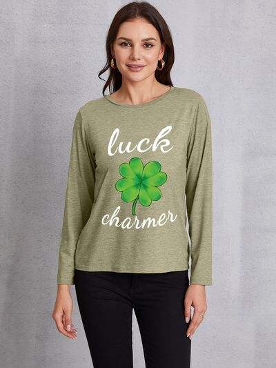 LUCK CHARMER Lucky Clover Round Neck T-Shirt Sage Women's T-Shirts - Tophatter Daily Deals