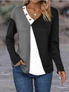 Color Block Decorative Button V-Neck Top Blouses - Tophatter Daily Deals