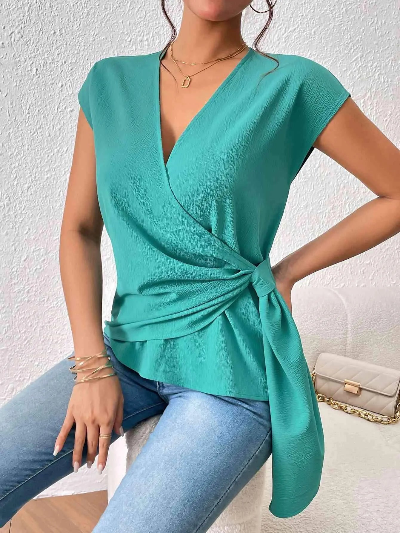 Tied Surplice Neck Short Sleeve Blouse Blouses - Tophatter Daily Deals
