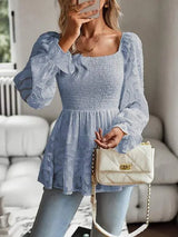 Smocked Flounce Sleeve Peplum Blouse Misty Blue Blouses - Tophatter Daily Deals