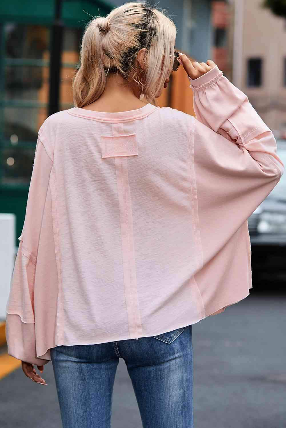 Exposed Seam Round Neck Top with Pocket Blouses - Tophatter Daily Deals