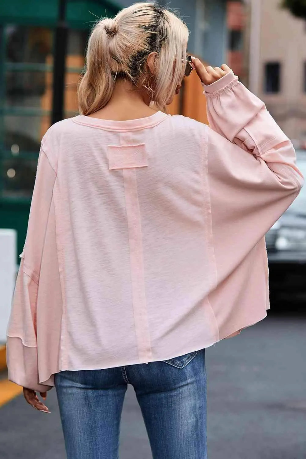 Exposed Seam Round Neck Top with Pocket Blouses - Tophatter Daily Deals