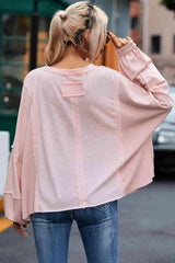 Exposed Seam Round Neck Top with Pocket Blouses - Tophatter Daily Deals