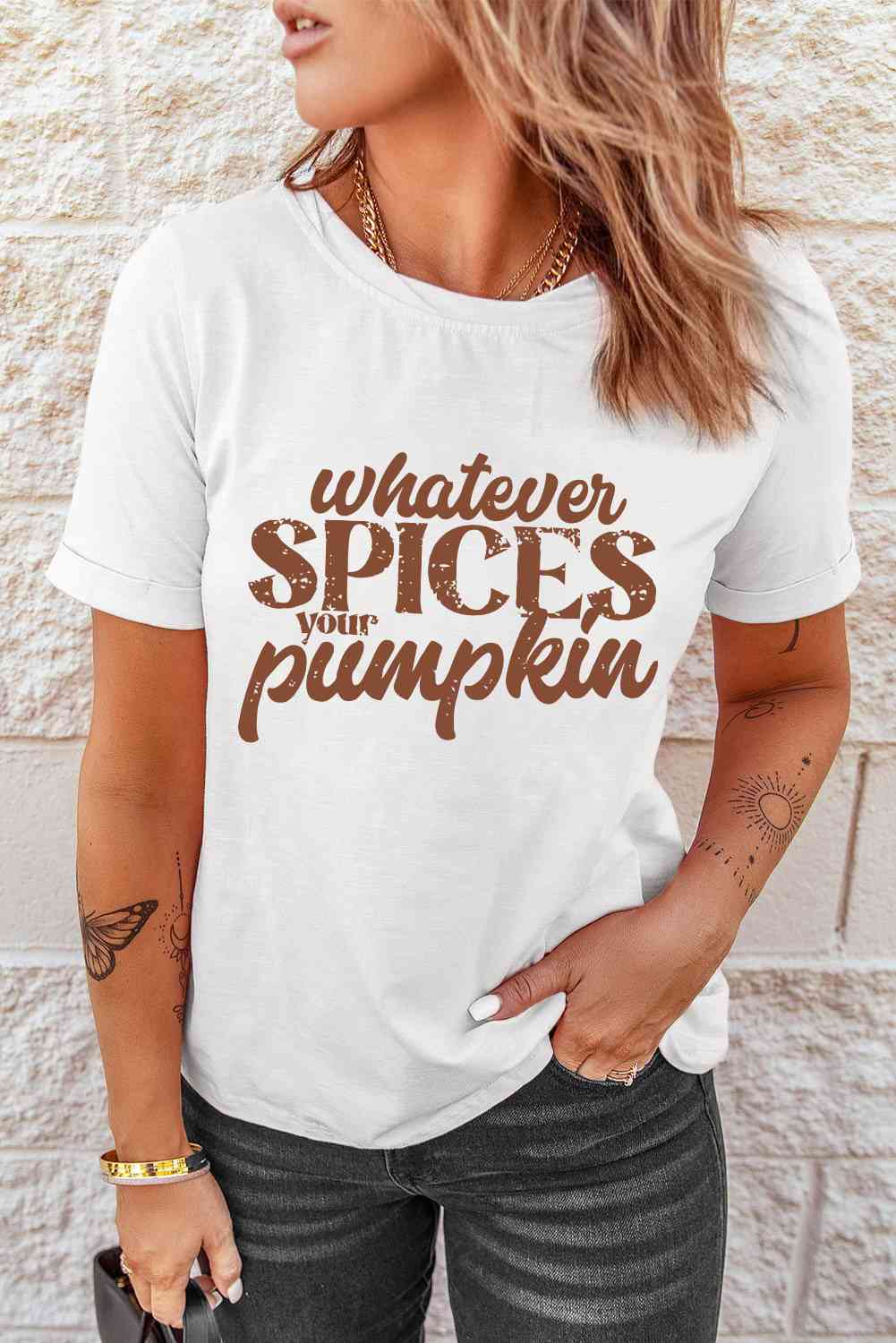 WHATEVER SPICES YOUR PUMPKIN Graphic Tee White Women's T-Shirts - Tophatter Daily Deals