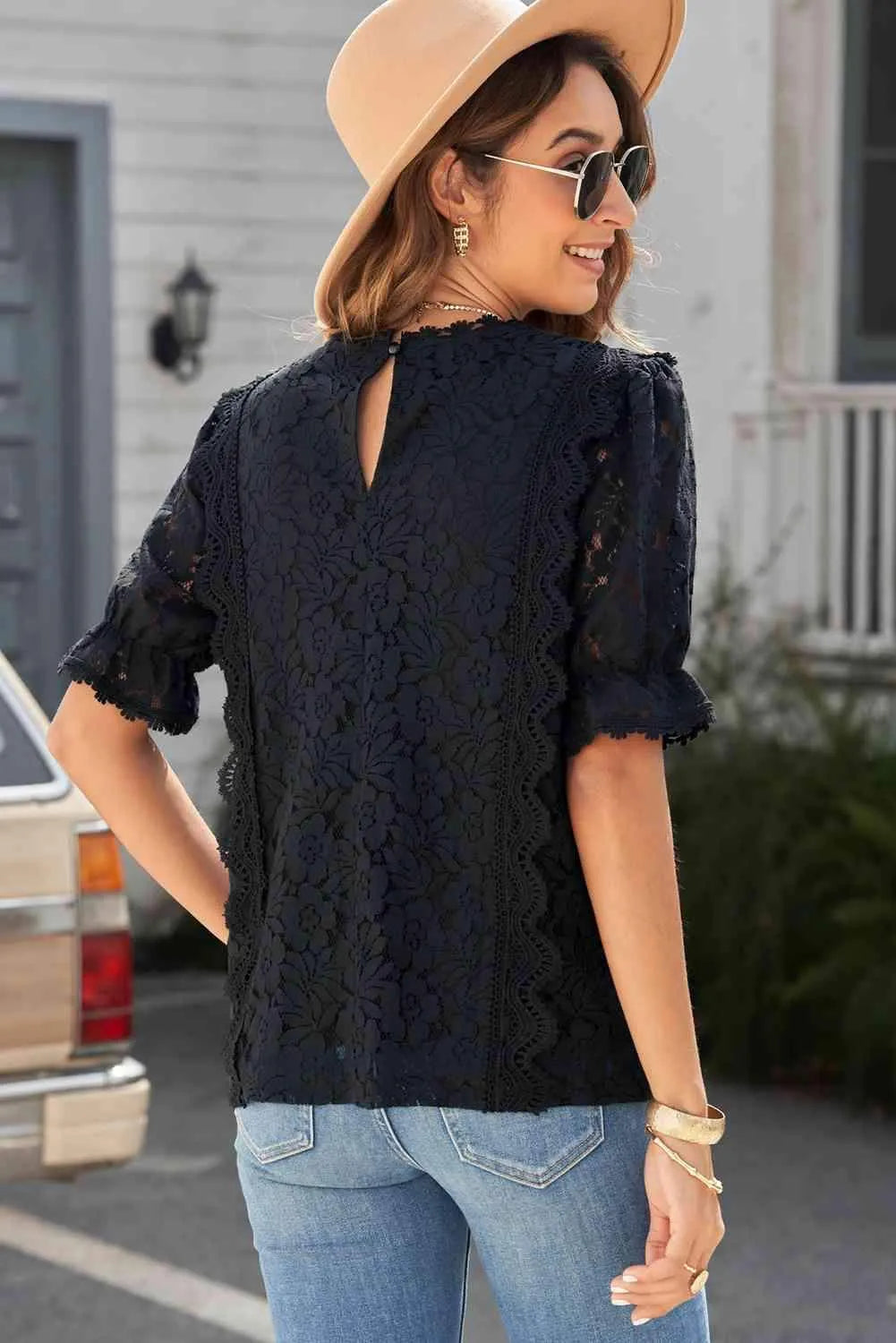 Lace V-Neck Flounce Sleeve Top Blouses - Tophatter Daily Deals