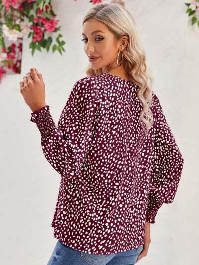 Printed V-Neck Lantern Sleeve Blouse Blouses - Tophatter Daily Deals