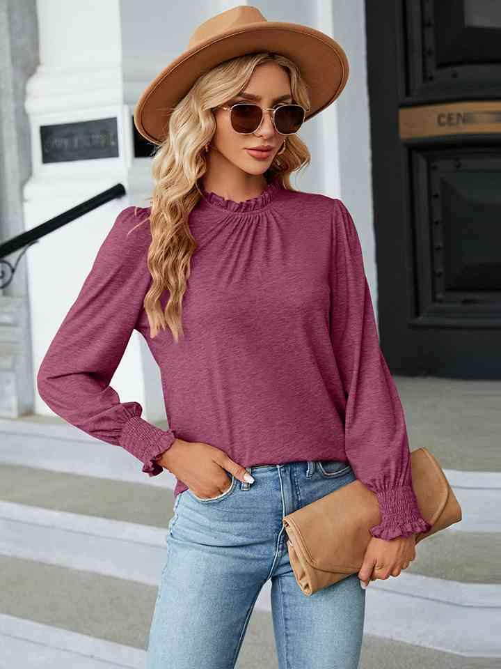 Round Neck Flounce Sleeve Blouse Women's T-Shirts - Tophatter Daily Deals