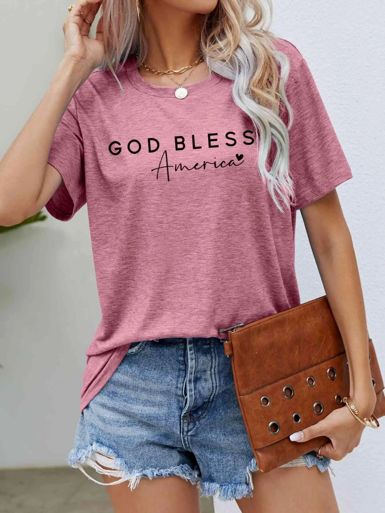 GOD BLESS AMERICA Graphic Short Sleeve Tee Dusty Pink Women's T-Shirts - Tophatter Daily Deals