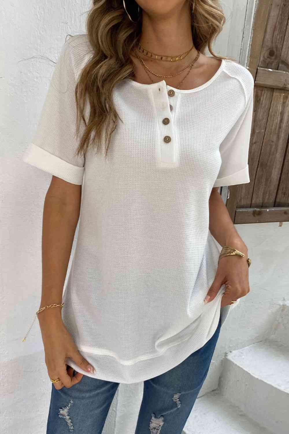 Cuffed Sleeve Henley Top White Women's T-Shirts - Tophatter Daily Deals