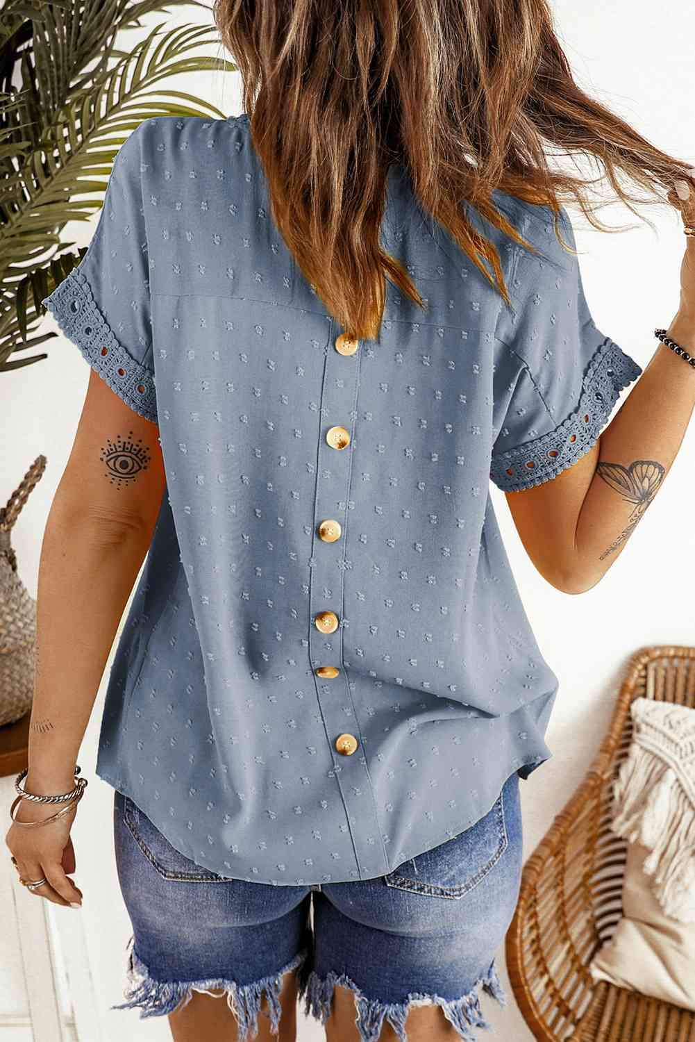 Swiss Dot Decorative Button Short Sleeve Blouse Blouses - Tophatter Daily Deals