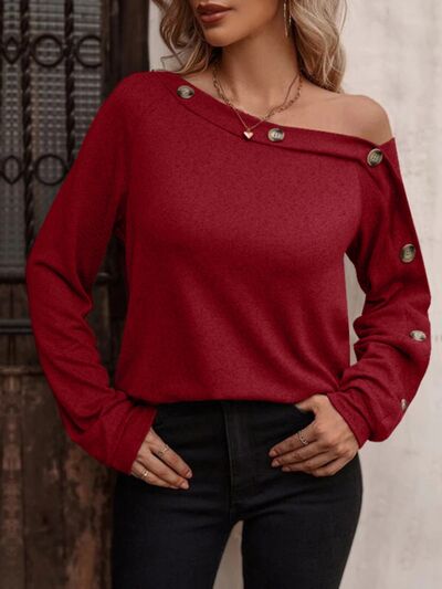 Decorative Button One Shoulder T-Shirt Wine Women's T-Shirts - Tophatter Daily Deals