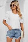 Eyelet Round Neck Puff Sleeve T-Shirt White Women's T-Shirts - Tophatter Daily Deals