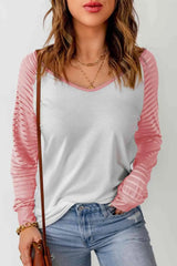 Contrast Sheer Striped V-Neck Top Blouses - Tophatter Daily Deals