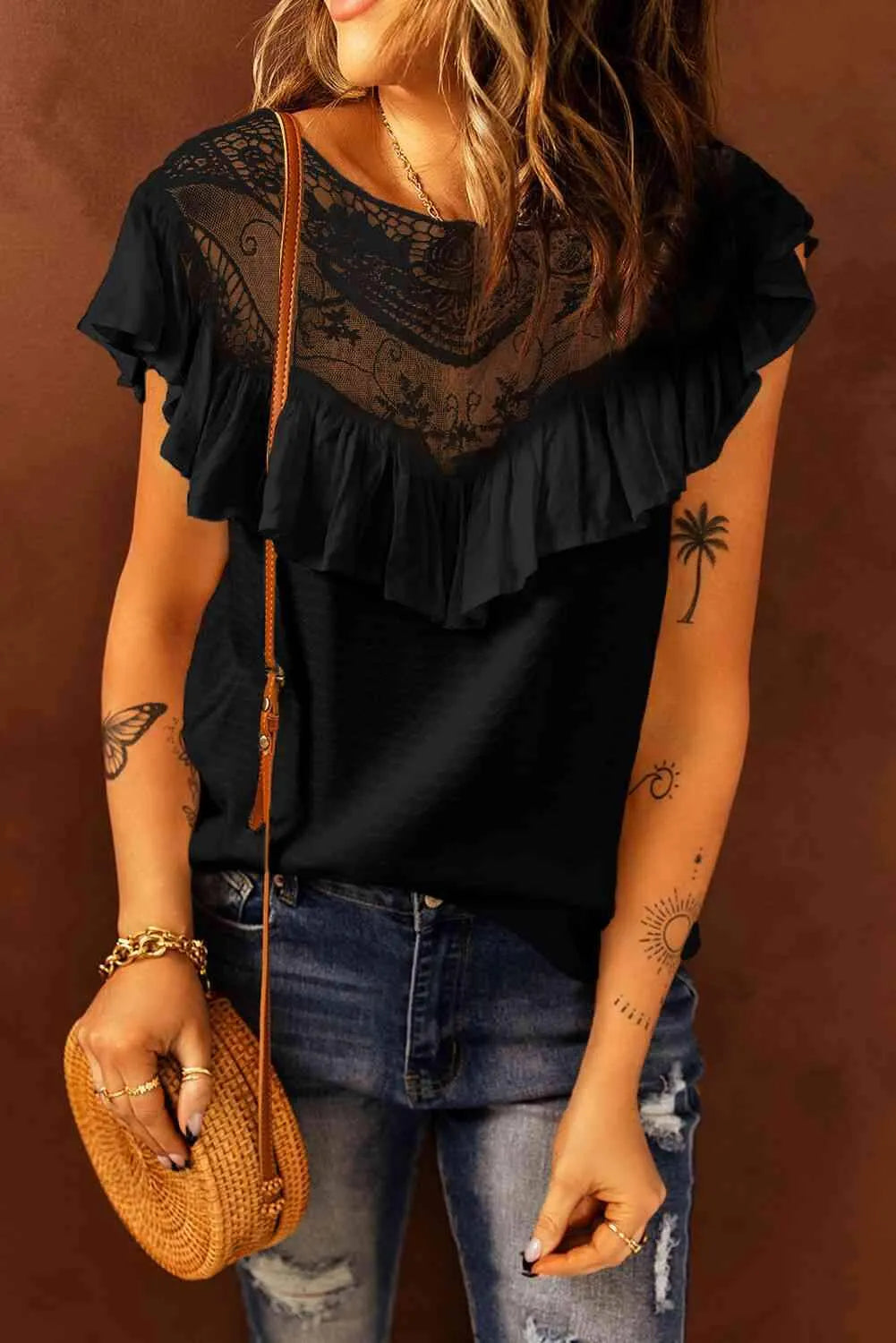 Lace Ruffled Short Sleeve T-Shirt Black Blouses - Tophatter Daily Deals