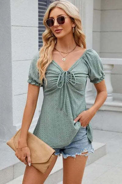 Eyelet Drawstring Short Sleeve T-Shirt Gum Leaf Women's T-Shirts - Tophatter Daily Deals