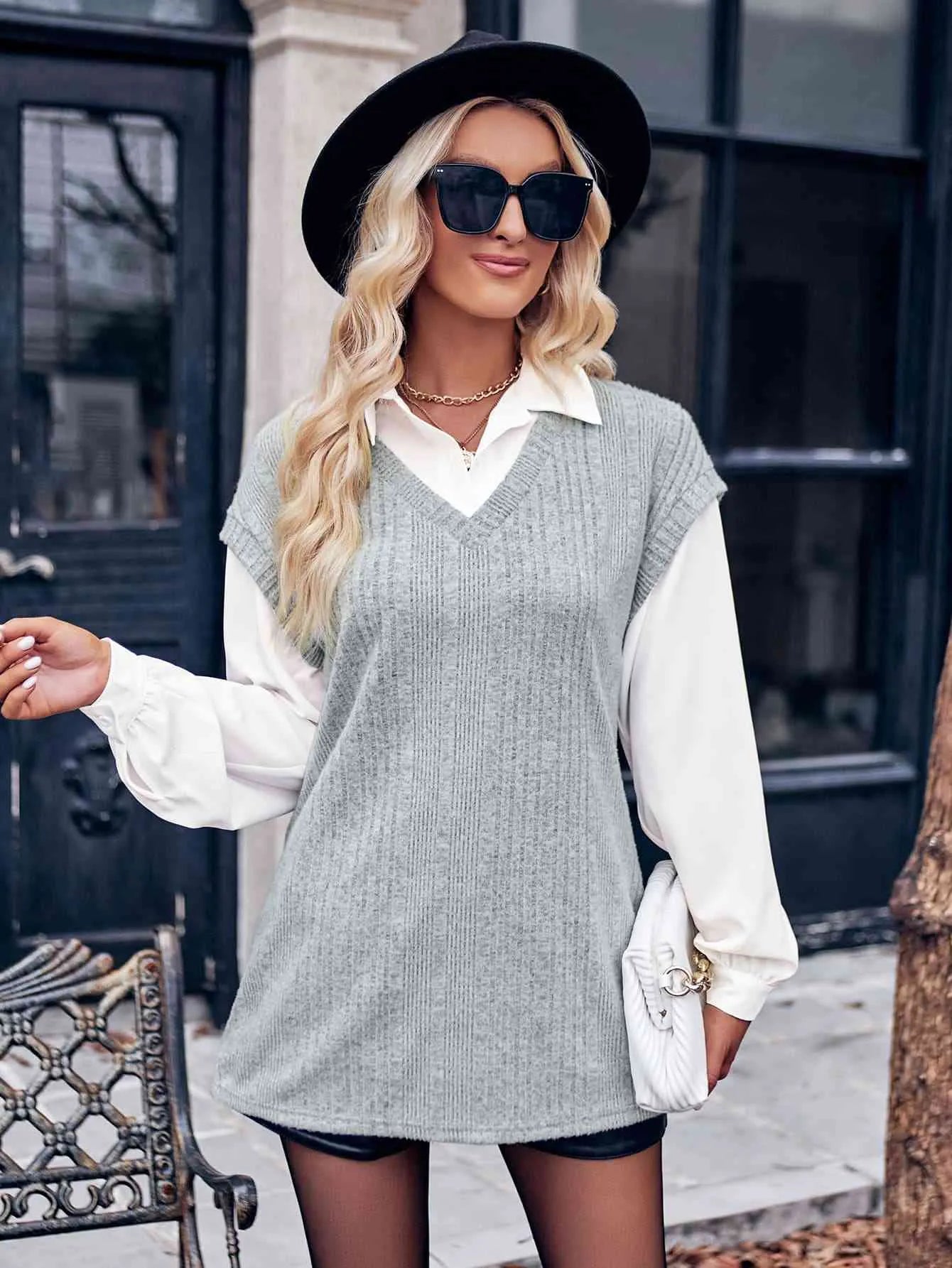 Ribbed Collared Neck Dropped Shoulder Blouse Heather Gray Blouses - Tophatter Daily Deals