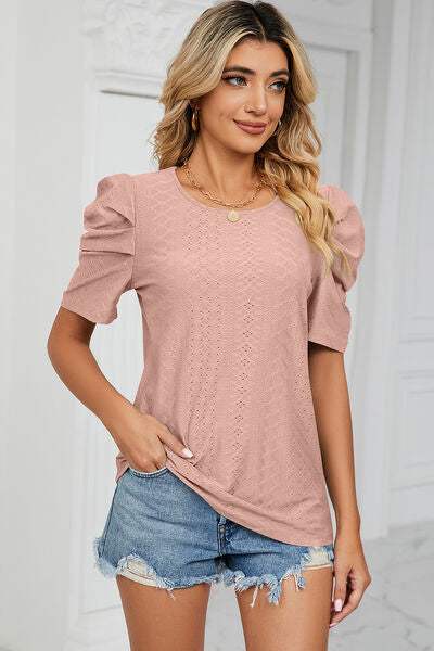 Eyelet Round Neck Puff Sleeve T-Shirt Peach Women's T-Shirts - Tophatter Daily Deals