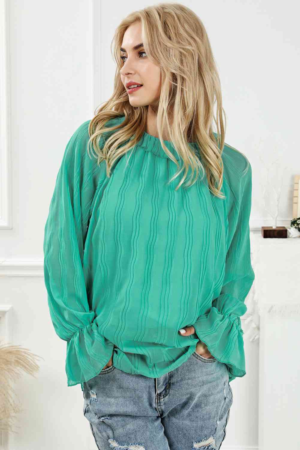 Round Neck Flounce Sleeve Blouse - Tophatter Deals