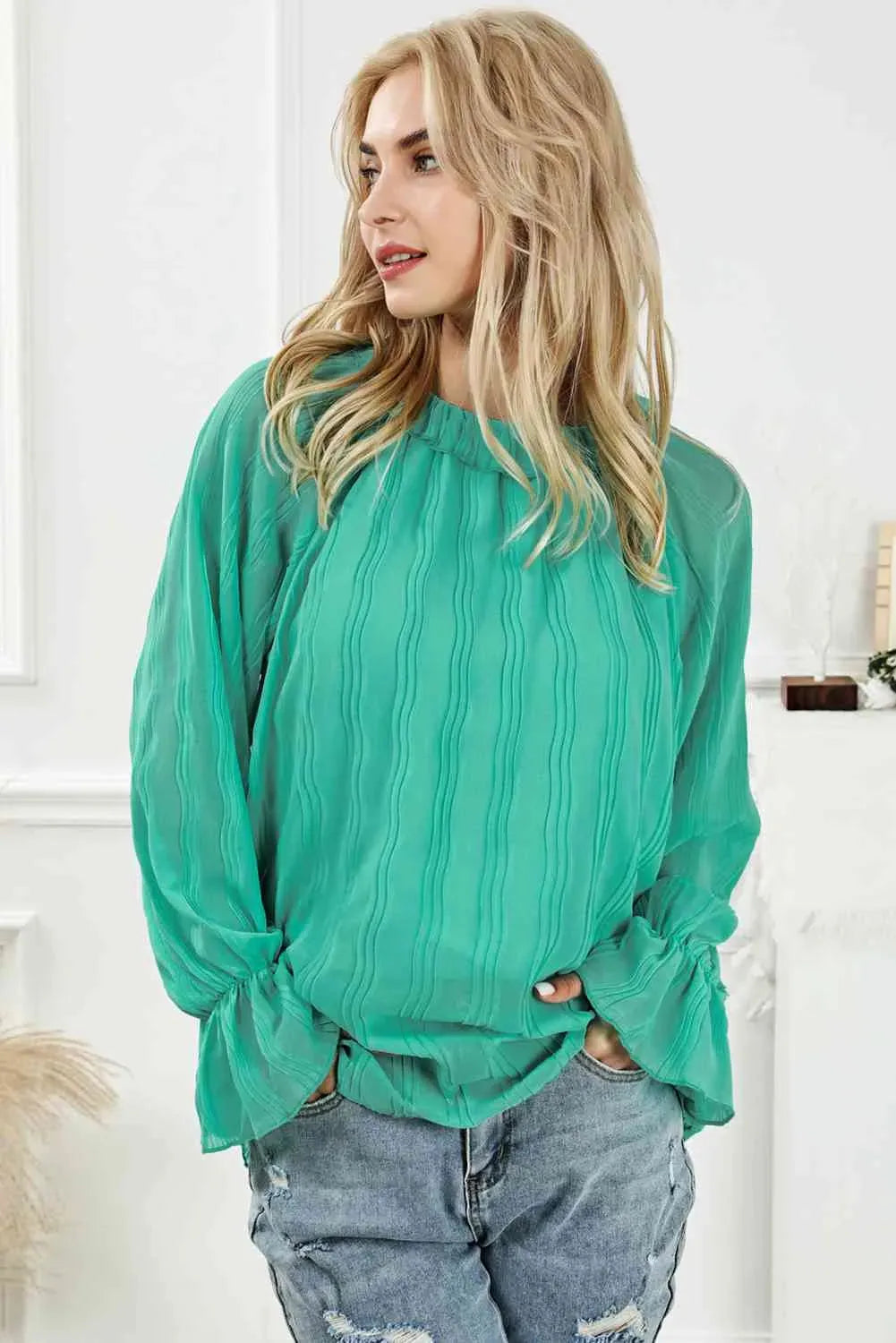 Round Neck Flounce Sleeve Blouse Blouses - Tophatter Daily Deals