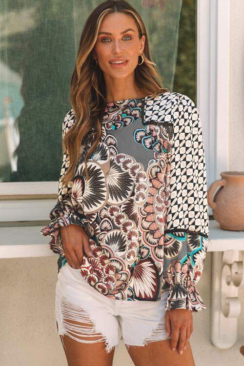 Mixed Floral Geometric Print Ruffled Long Sleeve Blouse Blouses - Tophatter Daily Deals