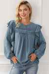 Round Neck Ruffled Blouse Air Force Blue Blouses - Tophatter Daily Deals