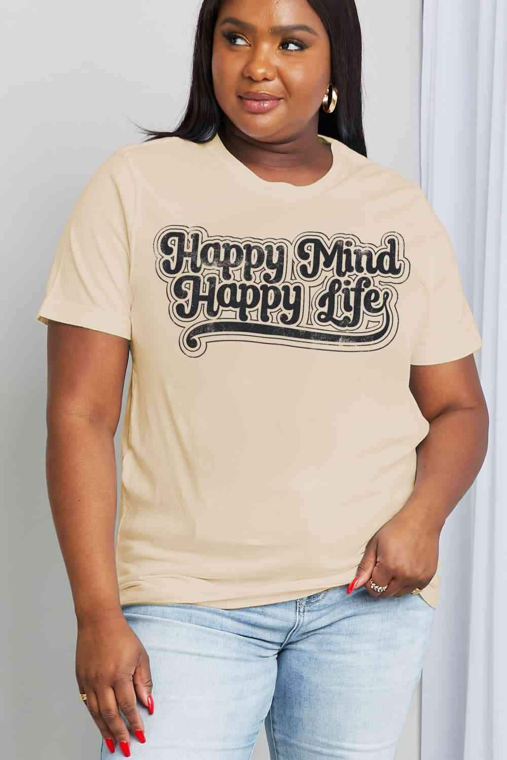 Simply Love Full Size HAPPY MIND HAPPY LIFE Graphic Cotton Tee Taupe Women's T-Shirts - Tophatter Daily Deals