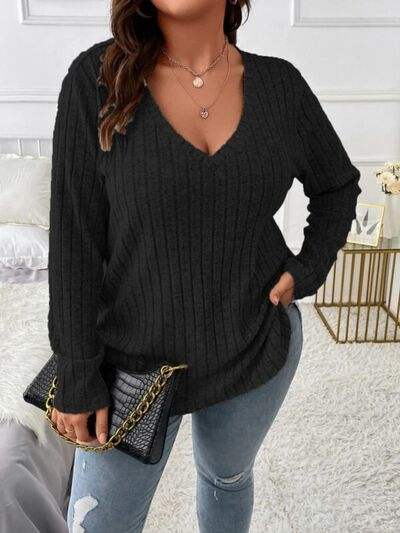 Plus Size V-Neck Long Sleeve T-Shirt Black Women's T-Shirts - Tophatter Daily Deals