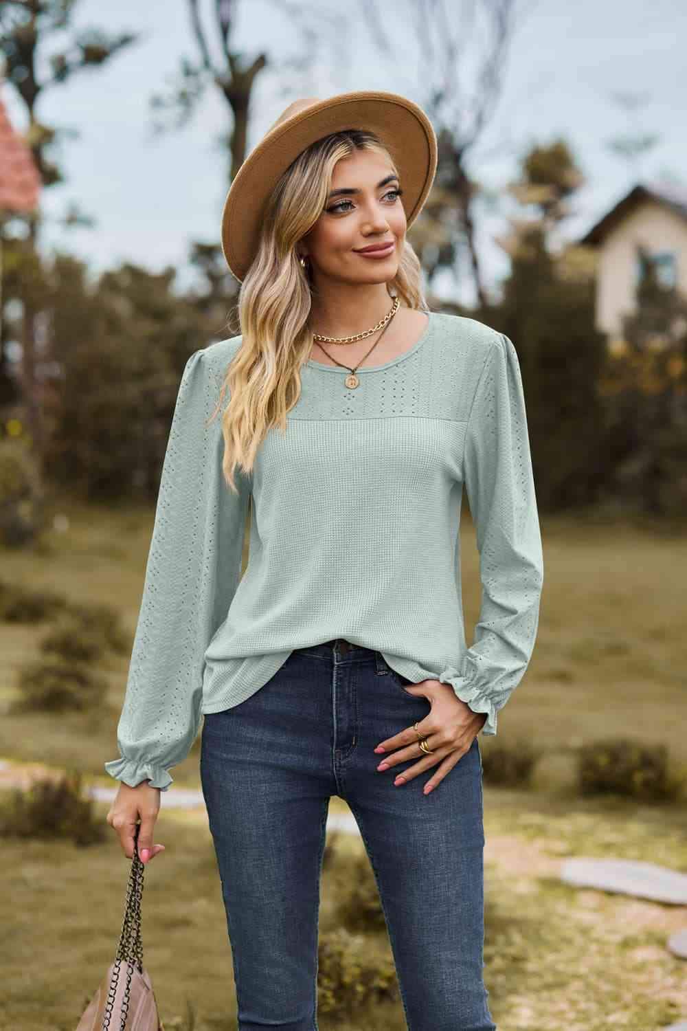 Round Neck Puff Sleeve Blouse Blouses - Tophatter Daily Deals