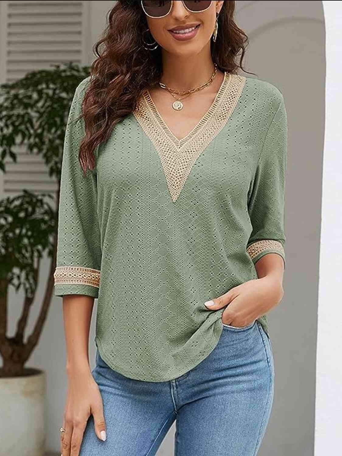 V-Neck Eyelet Blouse Blouses - Tophatter Daily Deals