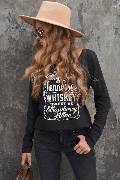 Letter Graphic Notched Long Sleeve T-Shirt Women's T-Shirts - Tophatter Daily Deals