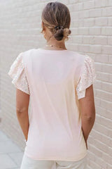 Sequin Round Neck Flutter Sleeve Blouse Blouses - Tophatter Daily Deals