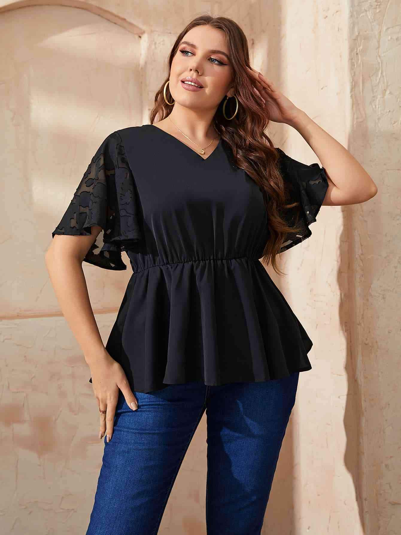 Plus Size V-Neck Flutter Sleeve Babydoll Blouse Black Blouses - Tophatter Daily Deals