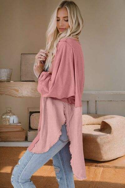 Contrast Texture Round Neck Long Sleeve Blouse Blouses - Tophatter Daily Deals