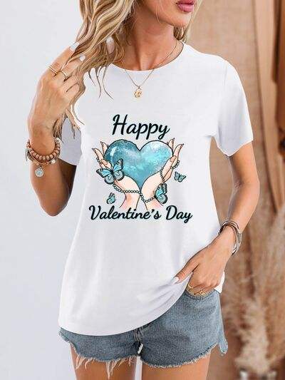 HAPPY VALENTINE'S DAY Round Neck Short Sleeve T-Shirt White Women's T-Shirts - Tophatter Daily Deals