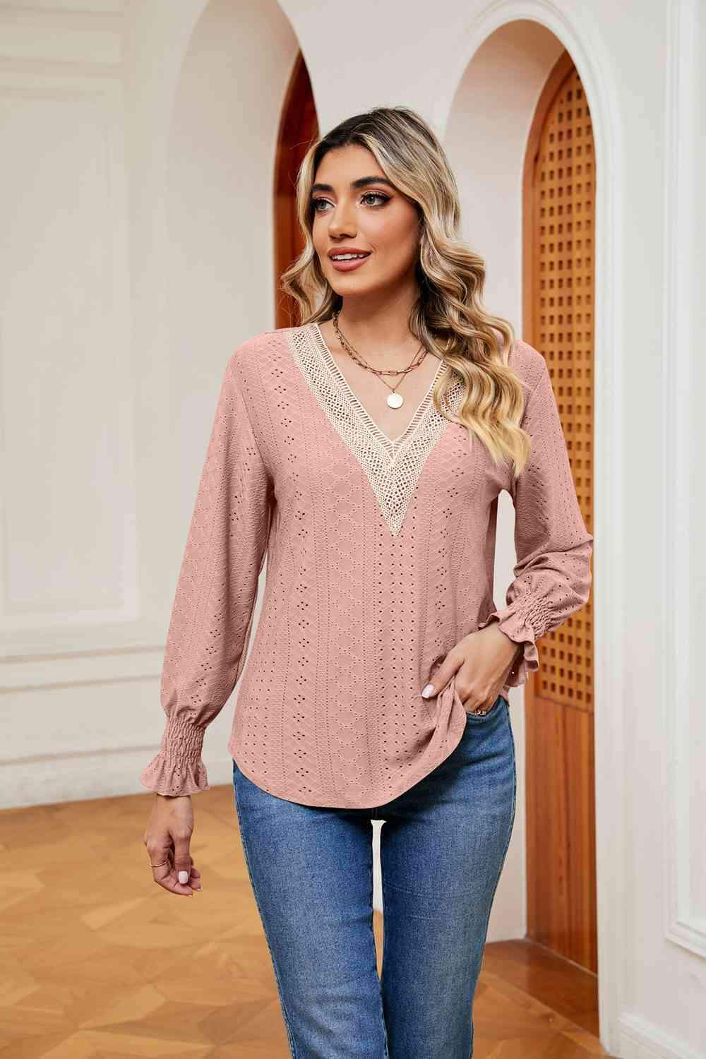 Contrast Flounce Sleeve Blouse Dusty Pink Blouses - Tophatter Daily Deals