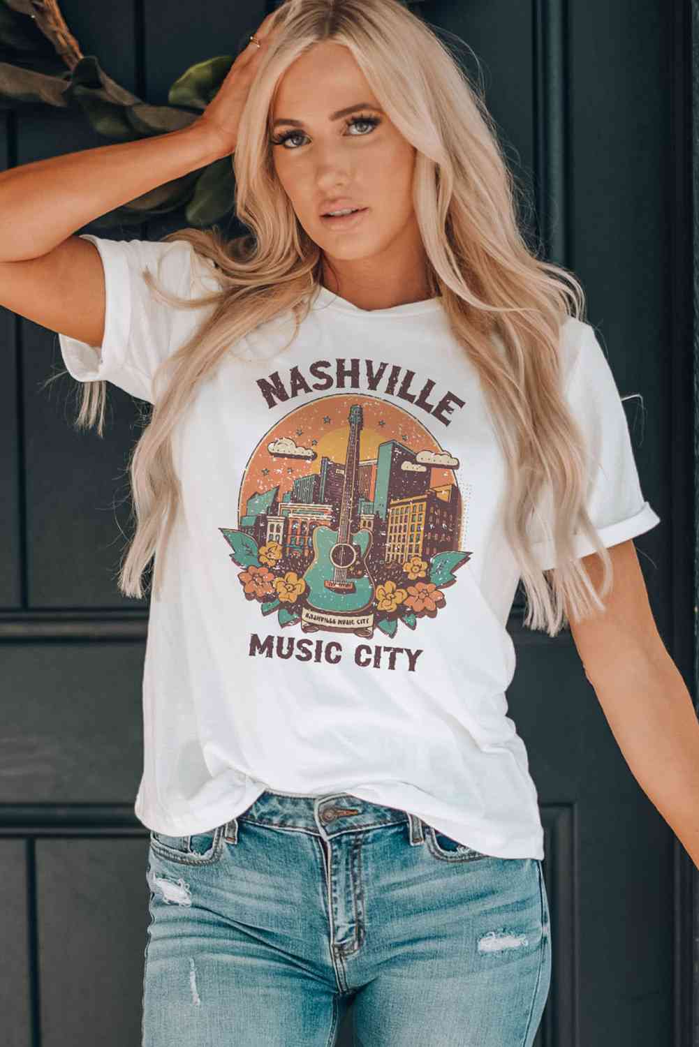 NASHVILLE MUSIC CITY Graphic Round Neck Tee White Women's T-Shirts - Tophatter Daily Deals