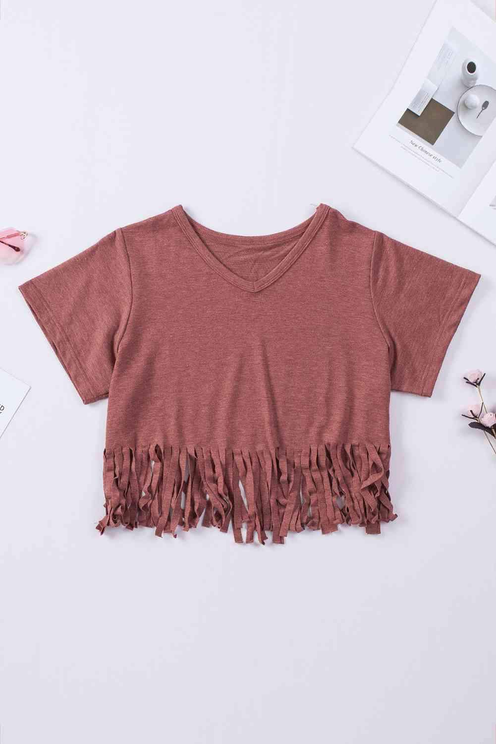 V-Neck Fringe Hem T-Shirt Burnt Coral Women's T-Shirts - Tophatter Daily Deals