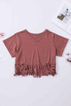 V-Neck Fringe Hem T-Shirt Burnt Coral Women's T-Shirts - Tophatter Daily Deals