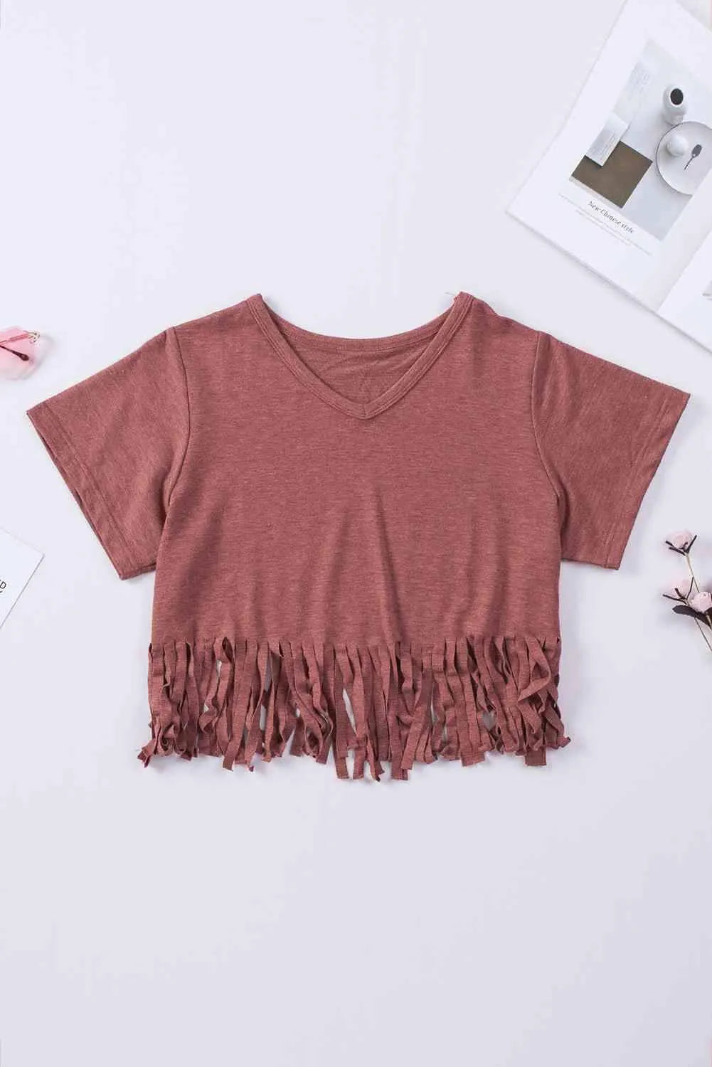 V-Neck Fringe Hem T-Shirt Burnt Coral Women's T-Shirts - Tophatter Daily Deals