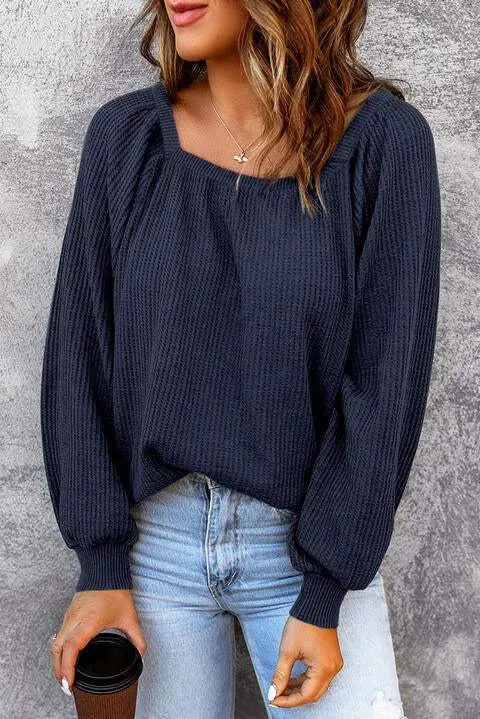 Square Neck Waffle-Knit Top Blouses - Tophatter Daily Deals
