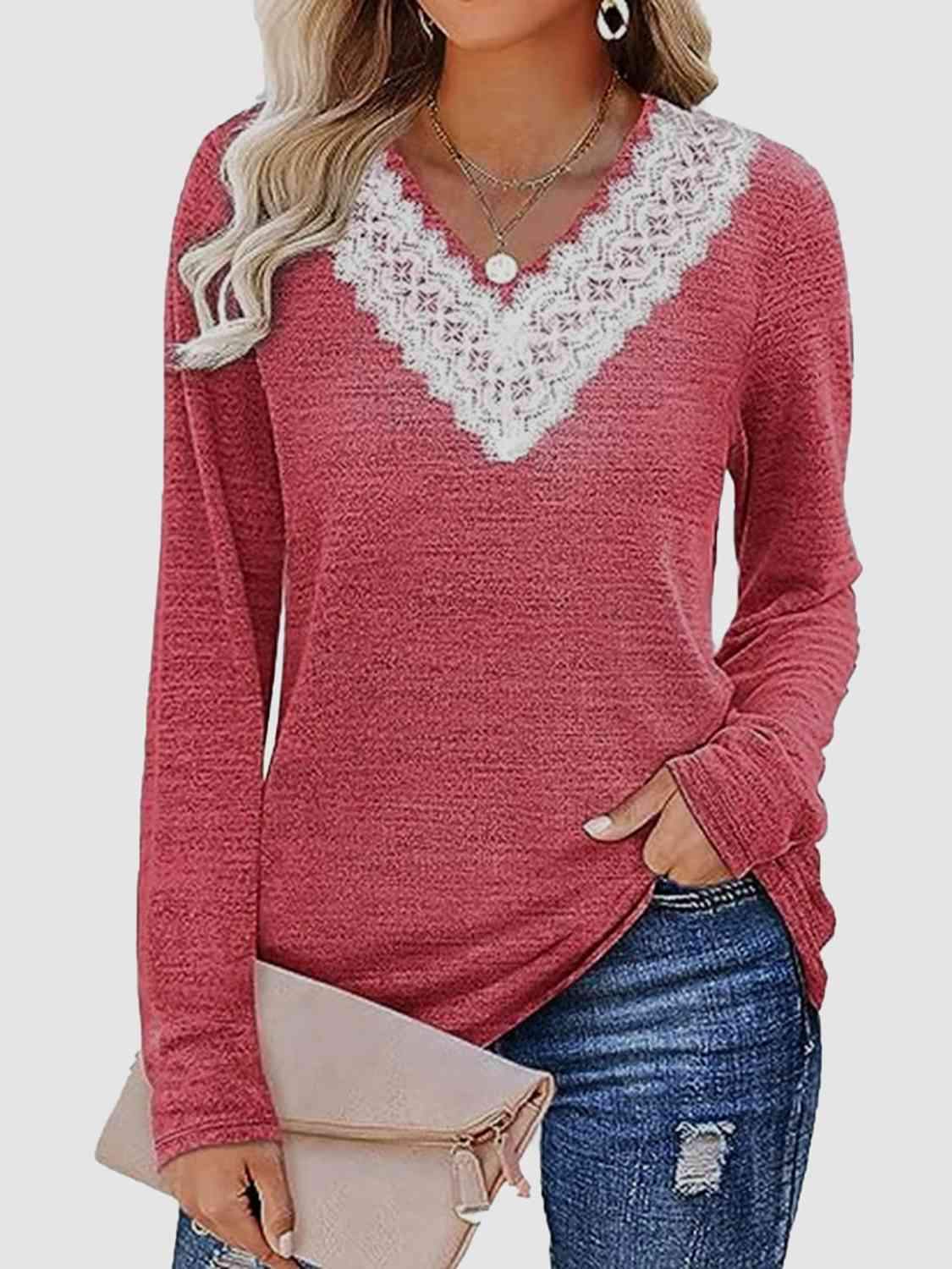 Lace Detail V-Neck Long Sleeve Top Red Orange Women's T-Shirts - Tophatter Daily Deals