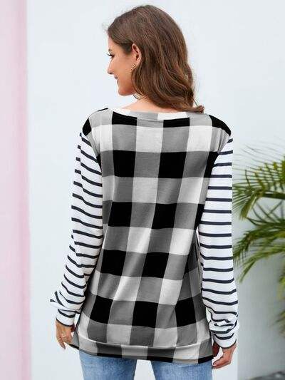 Plaid Striped Round Neck Long Sleeve T-Shirt Women's T-Shirts - Tophatter Daily Deals