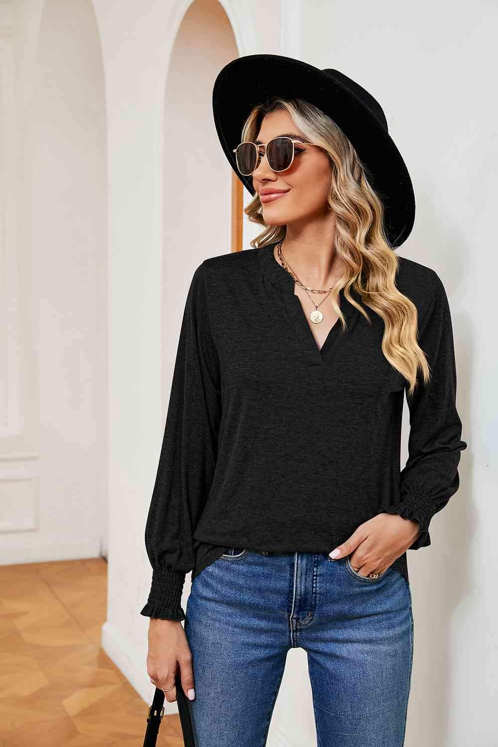 Notched Neck Long Sleeve Blouse Blouses - Tophatter Daily Deals