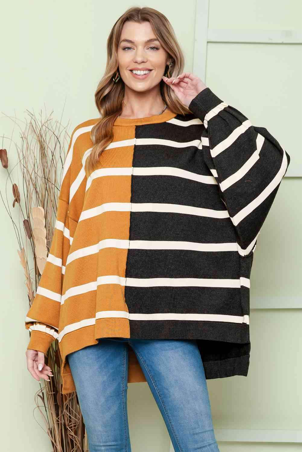 Striped Dropped Shoulder Round Neck Blouse Blouses - Tophatter Daily Deals