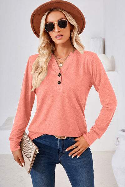 Notched Button Detail Long Sleeve T-Shirt Women's T-Shirts - Tophatter Daily Deals